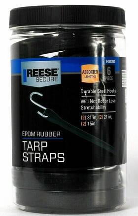 94293 Reese Secure Epdm Rubber Assorted Lengths 6 Pc Durable Steel Hooks Tarp Straps