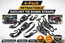 4 Pack Auto Retractable Ratchet Straps 1"X10' 1200LB Trailer Tie Down. Fixed Price $59.00.